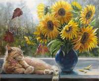 Без бренда «Подсолнухи в синей вазе возле кота» в Омске  в интернет-магазине  Без бренда «Подсолнухи в синей вазе возле кота» в Омске
