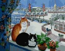 Коты на подоконнике с видом на стрелку Васильевского острова