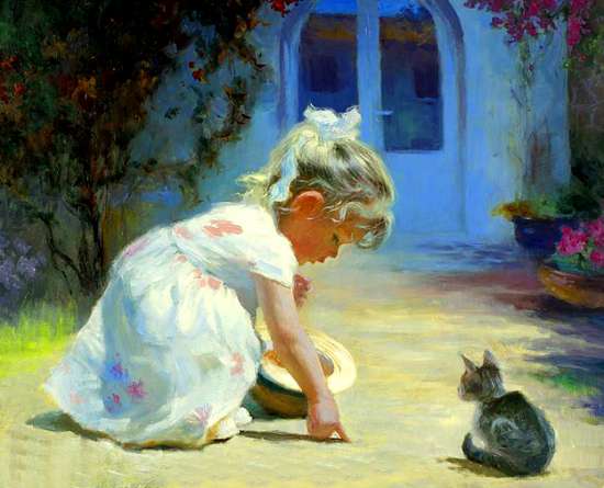 Картина по номерам 40x50 Девочка учит котёнка