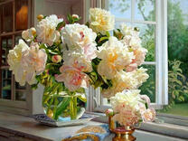 Без бренда «Ваза с букетом белых пионов у окна» в Омске 