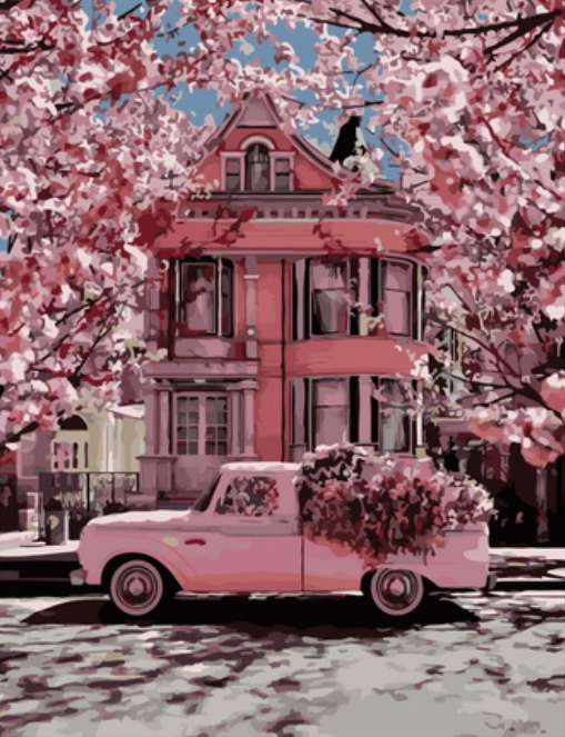 Картина по номерам 40x50 Розовый пикап с цветами у розового дома