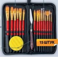 Без бренда «Коробка 50 шт.: Набор кистей для рисования в чехле, премиум набор (15 нейлоновых кистей, 1 мастихин) красные» в Омске 