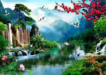 Журавли у горного водопада